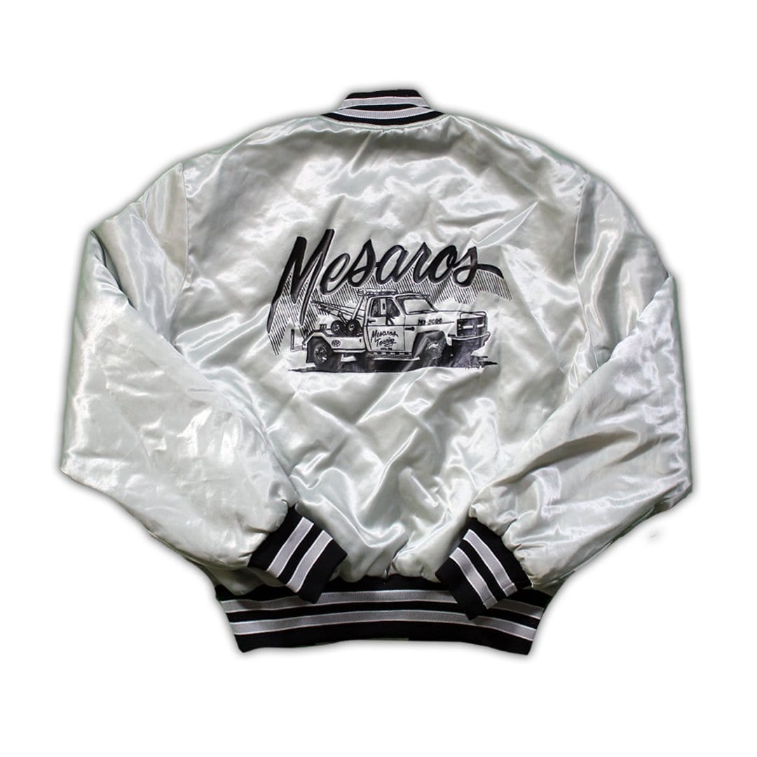 Vintage Grey Satin 'Mesaros Towing' Bomber Jacket | Rebalance Vintage.