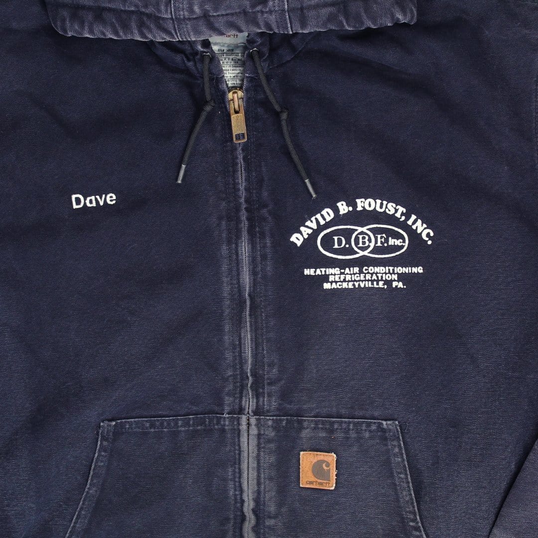 Vintage 90s Blue Carhartt 'David Foust Inc' Hooded Jacket (XL/XXL) | Rebalance Vintage.