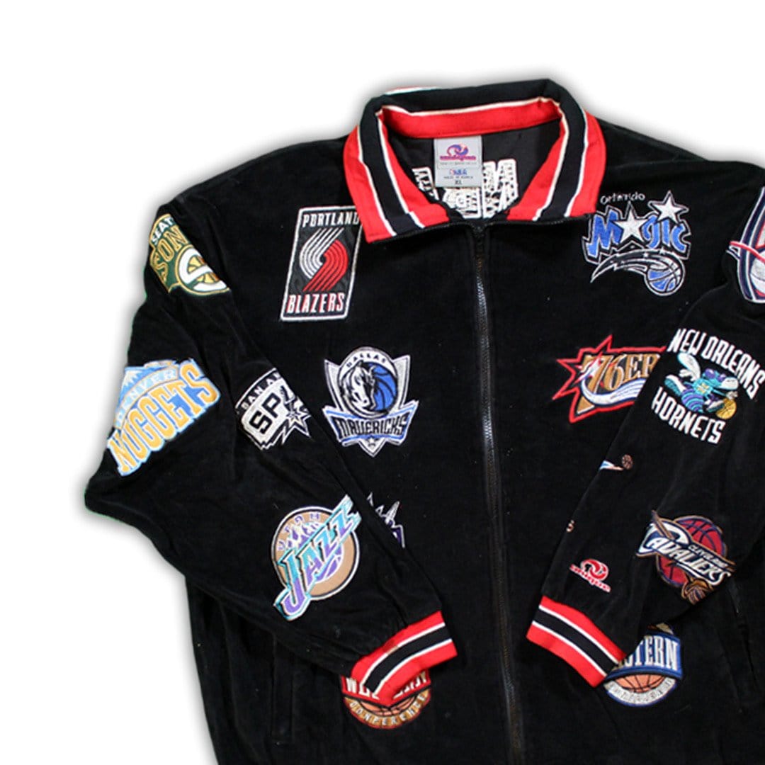 Vintage RARE All Over NBA Patch Logo Velour Zip Up | Rebalance Vintage.