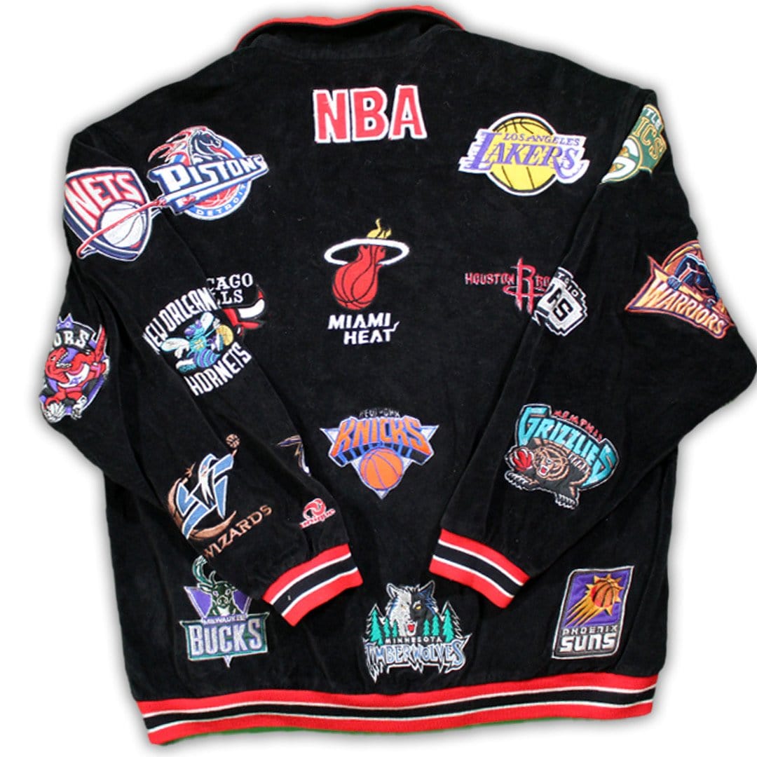 Vintage RARE All Over NBA Patch Logo Velour Zip Up | Rebalance Vintage.