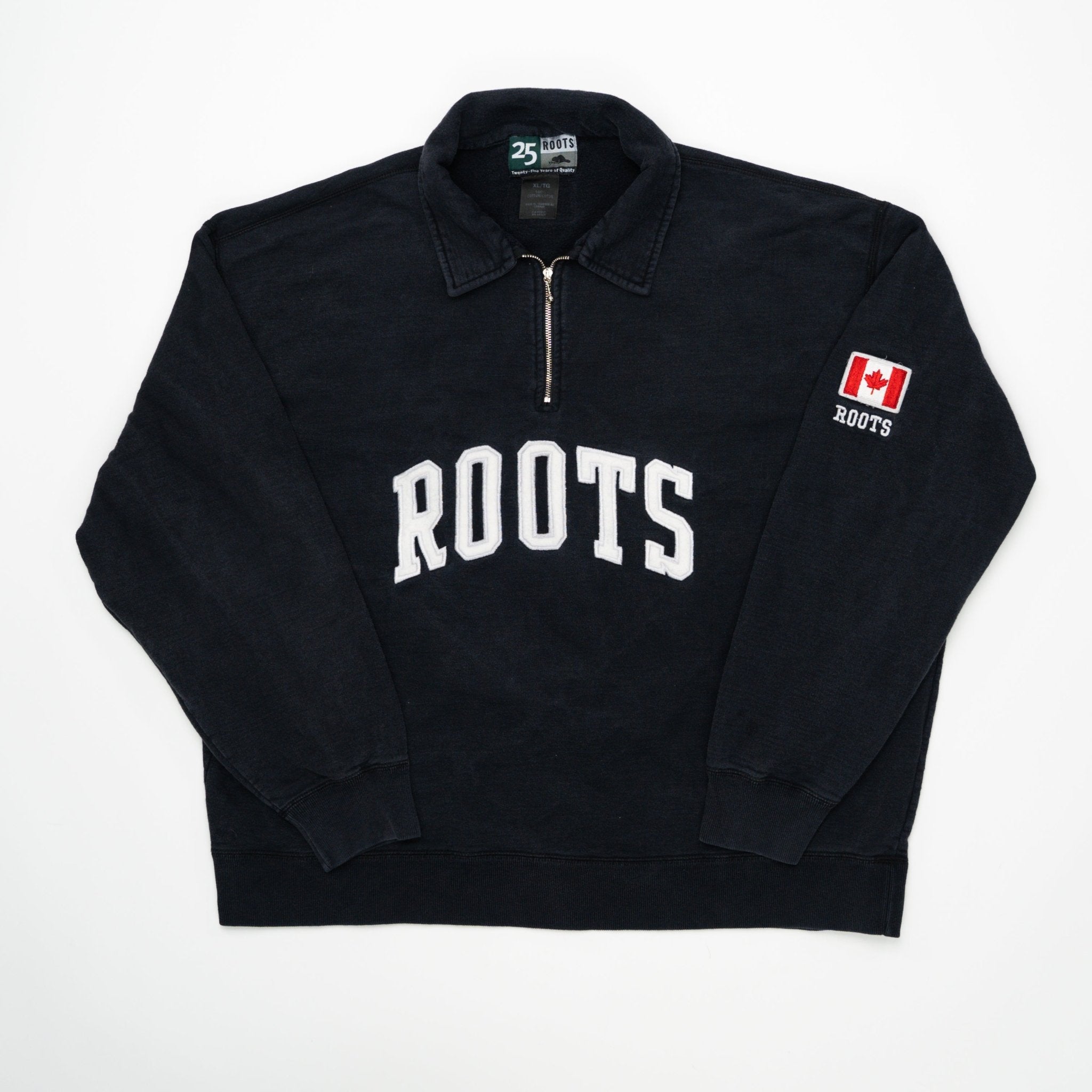 Vintage Navy Roots Canada 1/4 Zip Sweater (XL) | Rebalance Vintage.