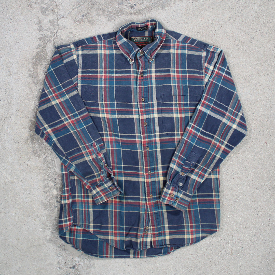 Vintage Varsity Blue, Green + Red Plaid Button Up (M) | Rebalance Vintage.